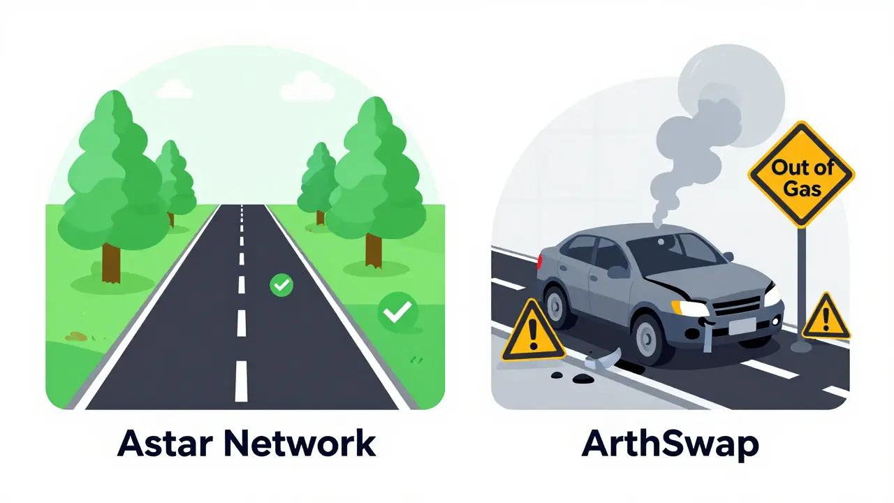 Healthy blockchain road vs broken down DEX car