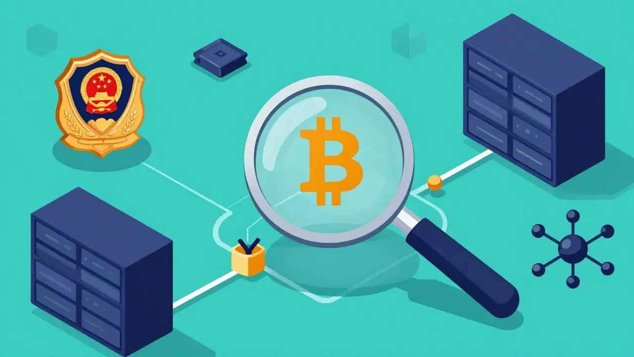 High-tech vector illustration depicting government surveillance and enforcement tools used to track illegal crypto transactions in China.