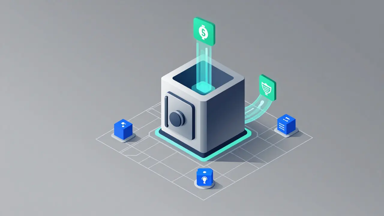 Isometric vector illustration of a DeFi protocol vault surrounded by an empty network, symbolizing low liquidity.