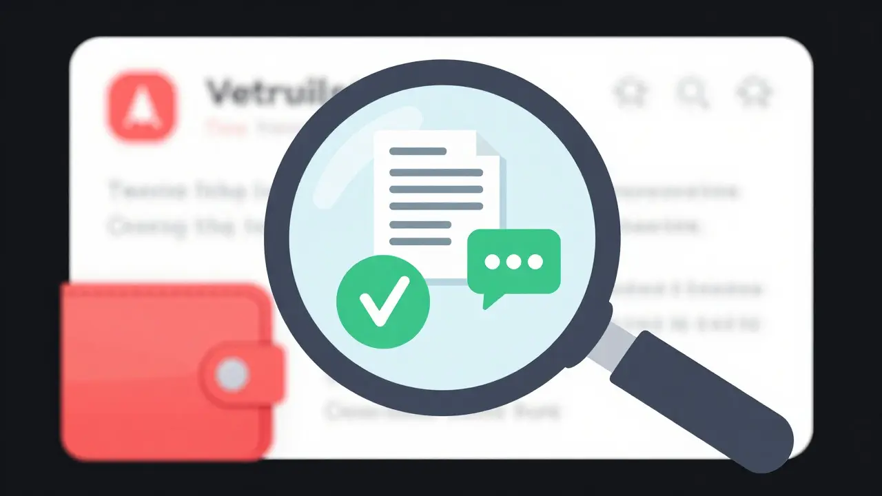 Magnifying glass verifying crypto wallet details and risks