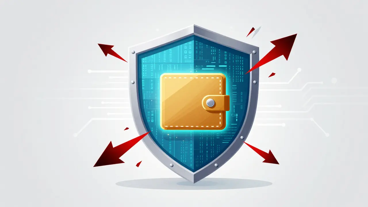 Modern vector art of a digital shield protecting a crypto wallet from malicious cyber attacks and glitches.