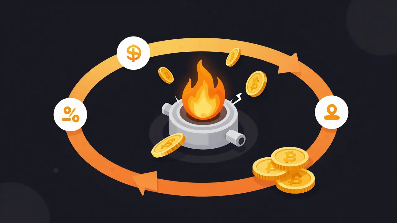 Modern vector graphic depicting token burn and staking reward mechanisms
