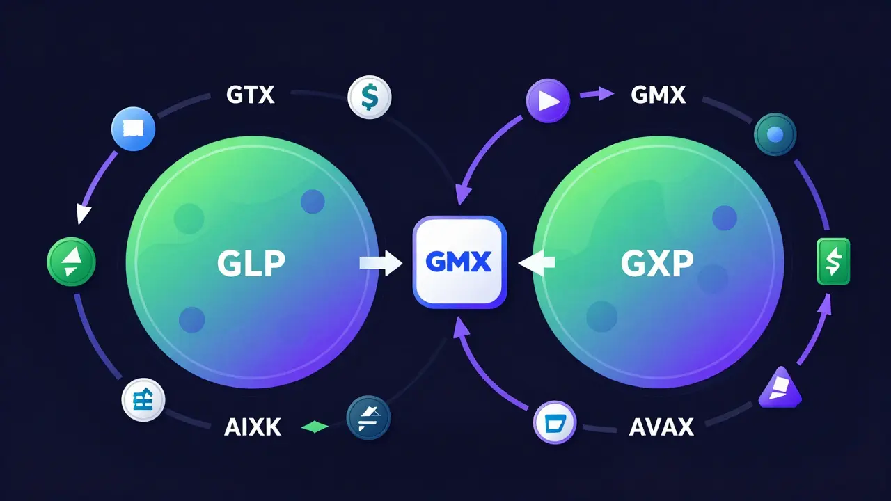 Modern vector graphic showing GMX liquidity pools and reward flows