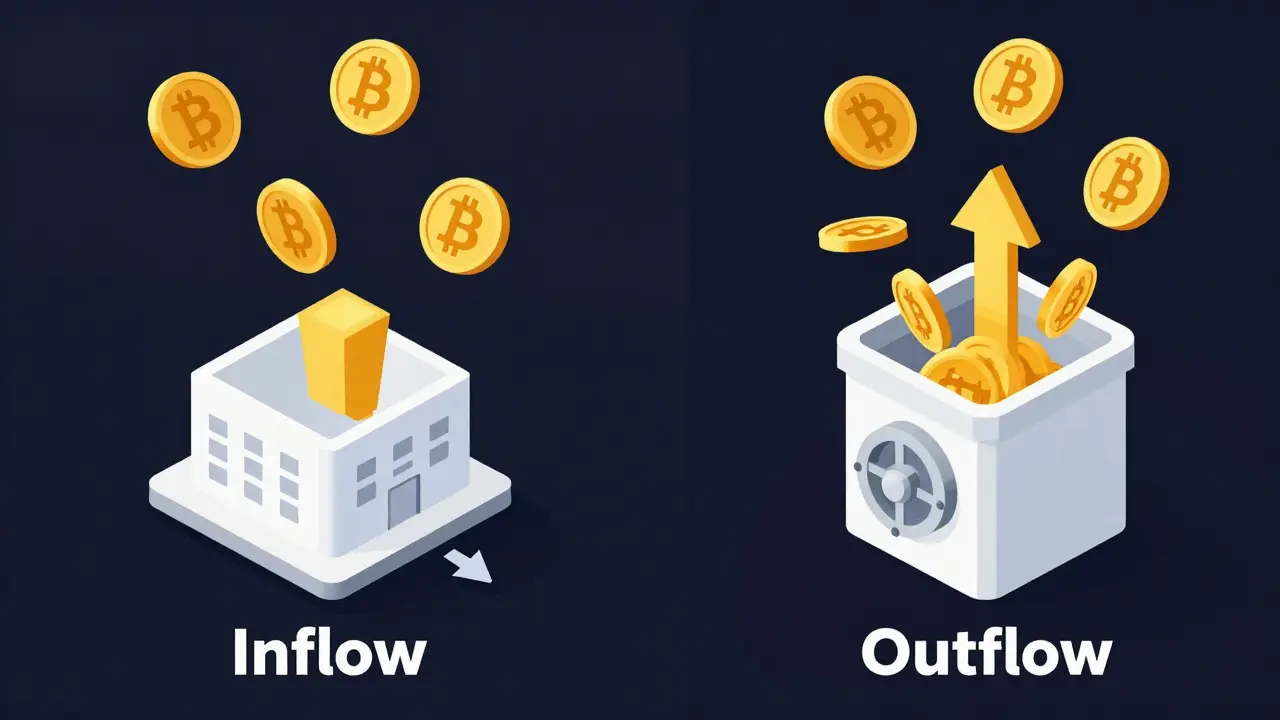 Modern vector illustration showing crypto assets flowing into exchanges versus cold storage vaults.