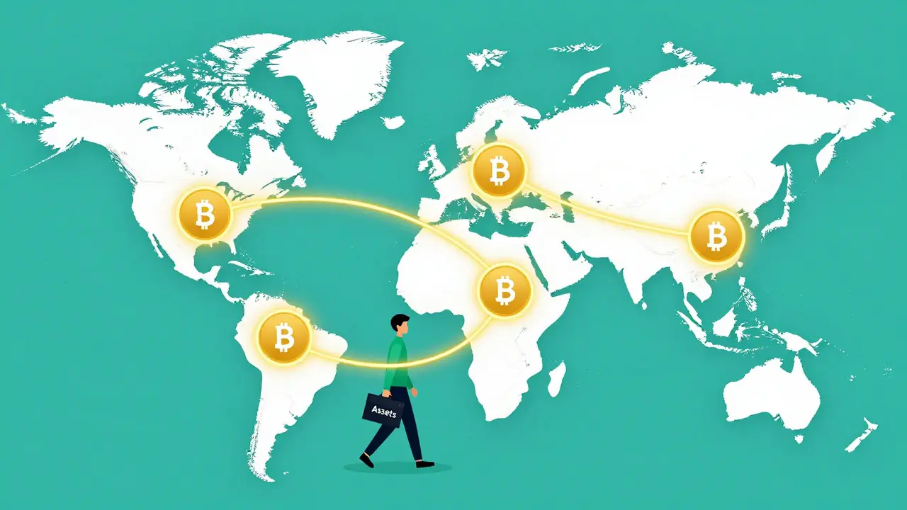 Modern vector map showing migration paths to crypto-friendly countries