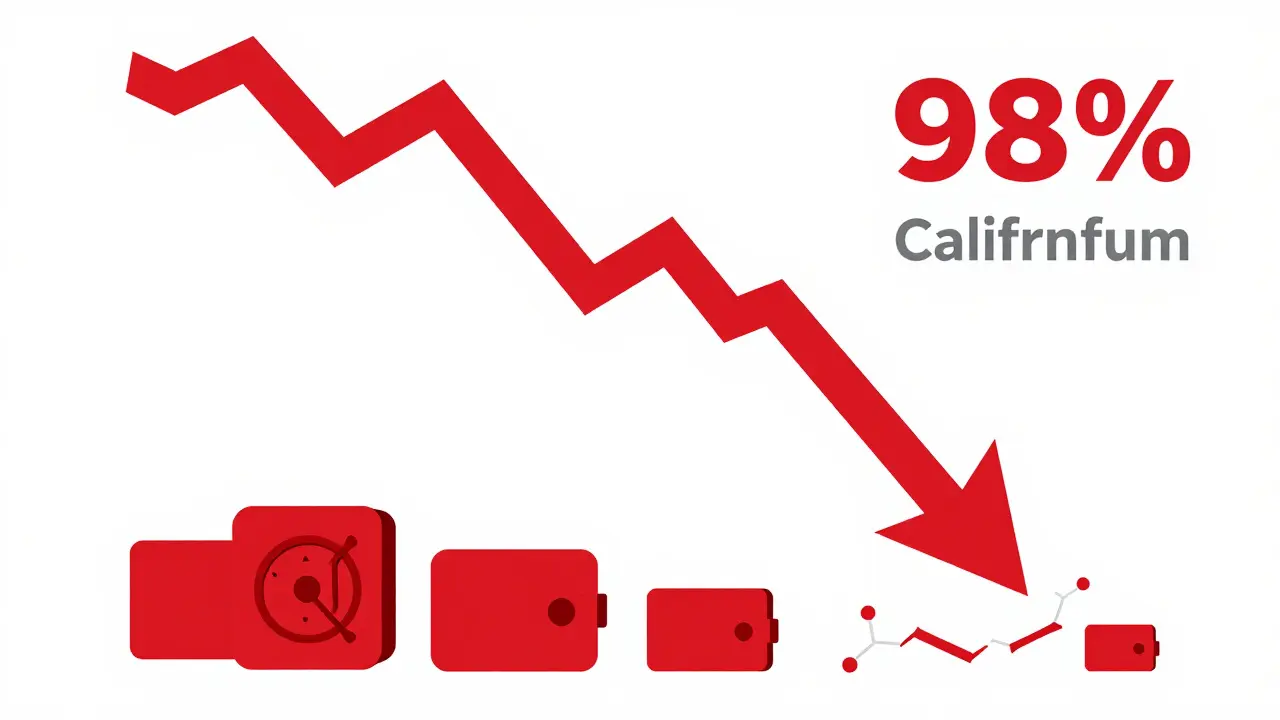 Red downward graph showing Californium price crash and zero liquidity