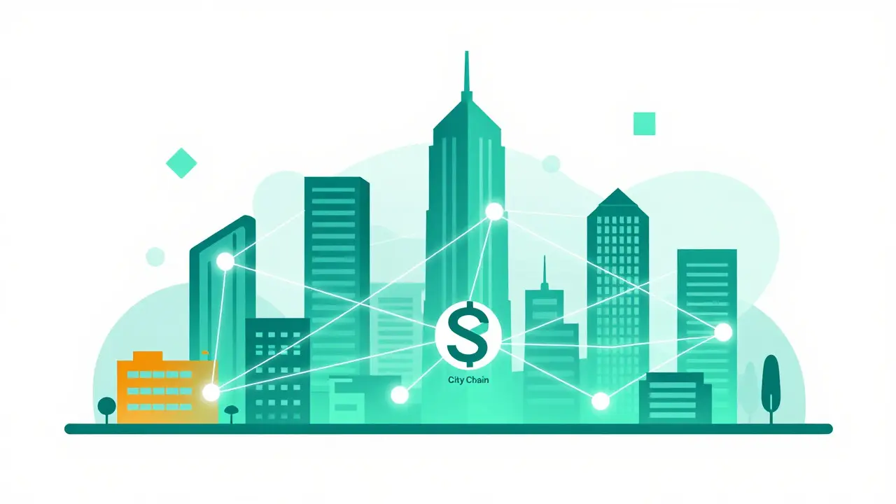 Smart city skyline connected by blockchain network nodes