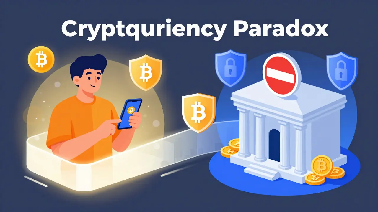 Split view showing personal crypto use vs banned institutional access