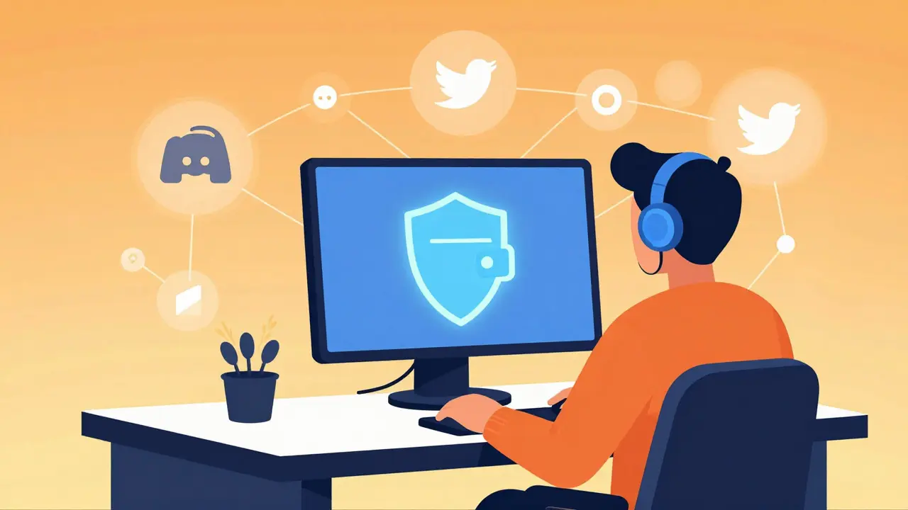 Stylized vector graphic of a gamer securing digital assets and connections