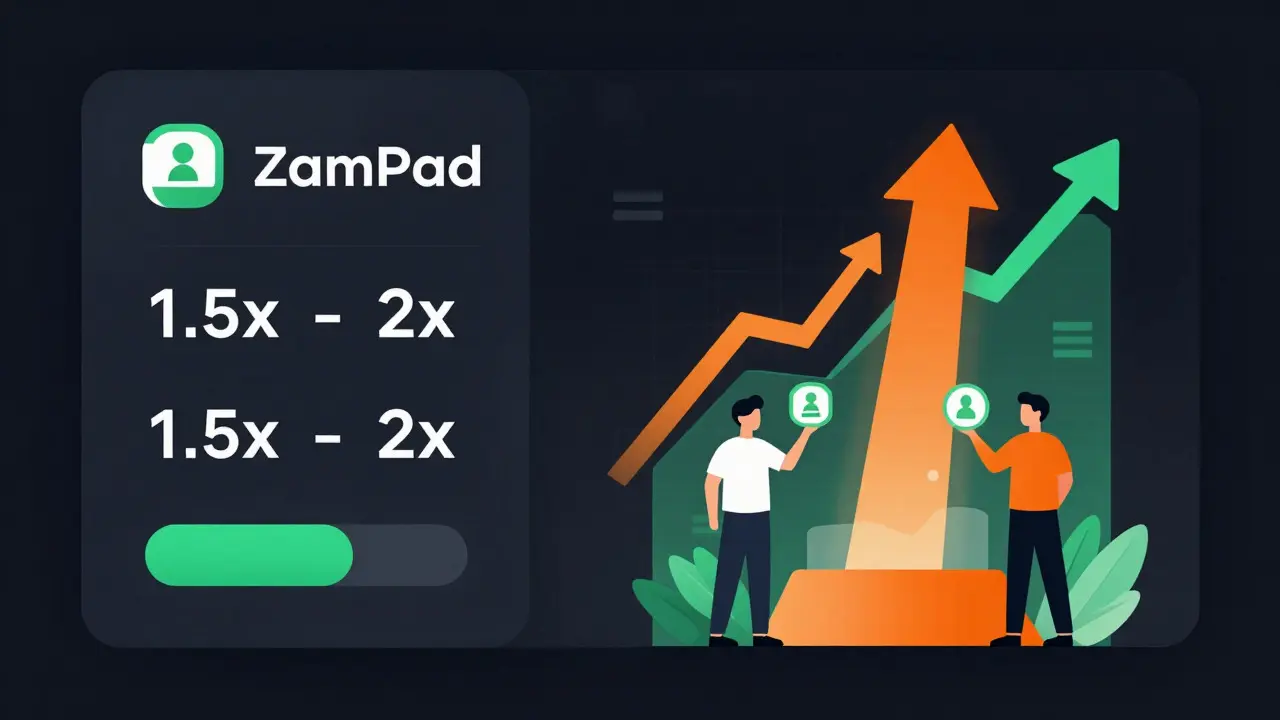 Vector art of investors receiving boosted token allocations on a launchpad