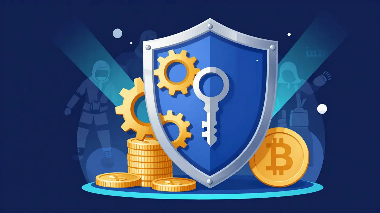 Vector art of shield protecting crypto assets from hackers