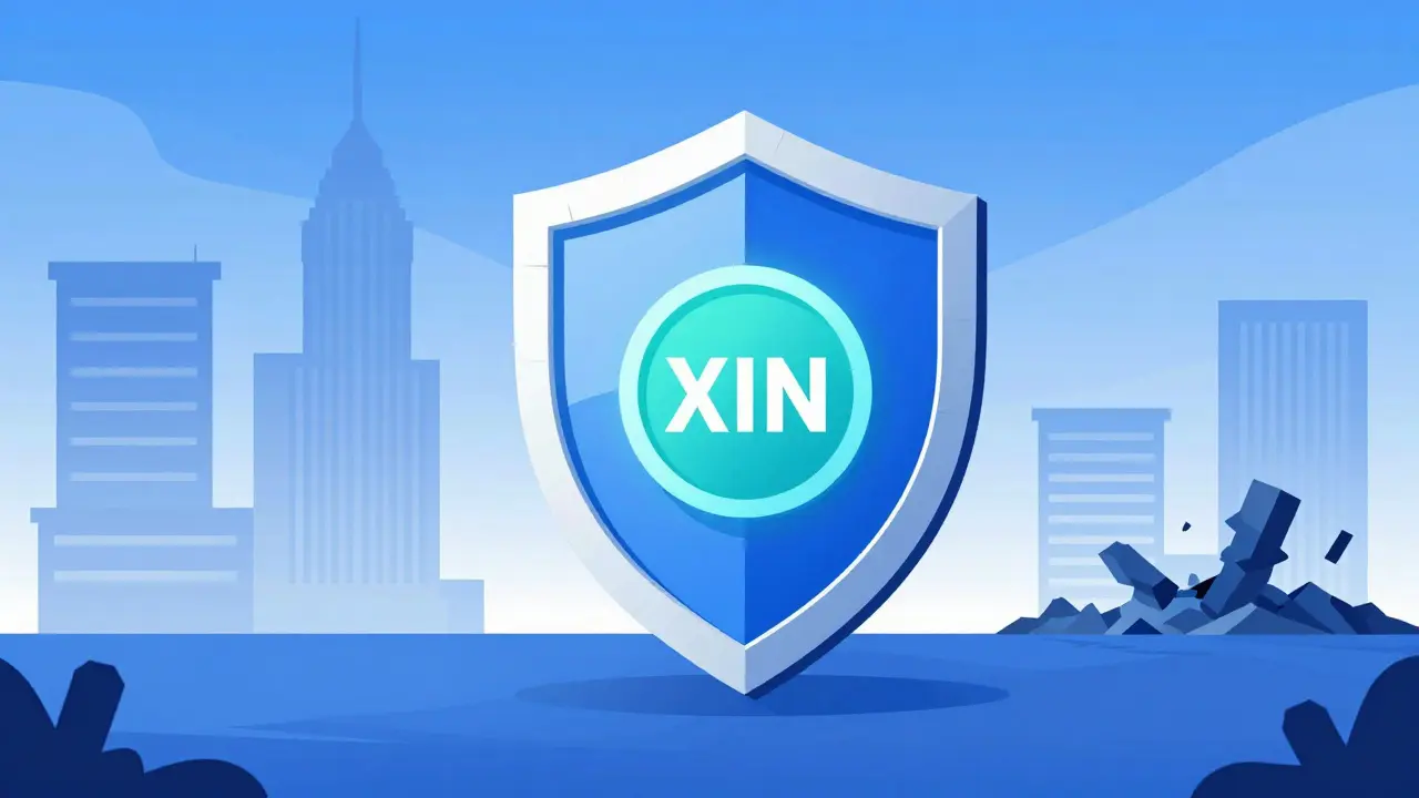 Vector art showing secure shield protecting crypto token from abandoned exchange