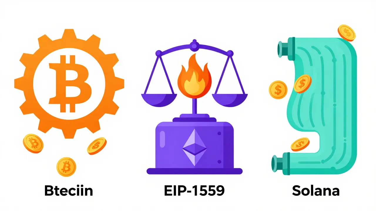 Vector comparison of Bitcoin, Ethereum, and Solana fee mechanisms