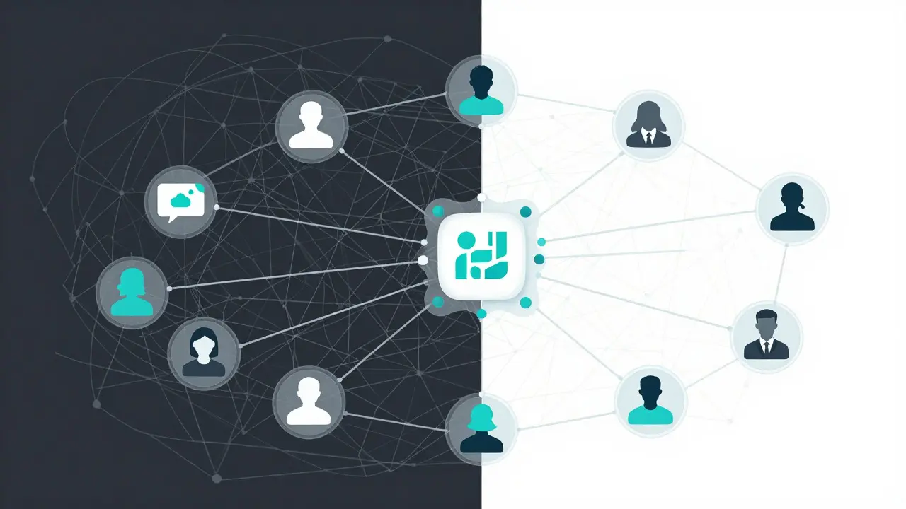 Vector diagram contrasting chaotic traditional algorithms with orderly decentralized networks