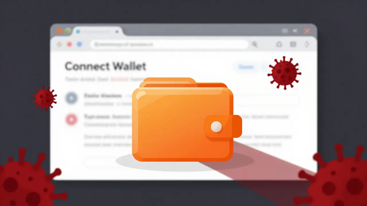 Vector graphic of a digital wallet threatened by red phishing hooks
