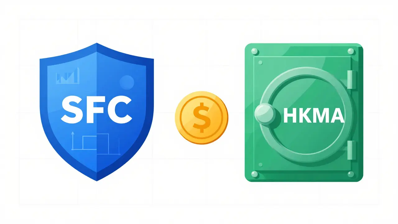 Vector graphic of SFC and HKMA regulators overseeing a stablecoin