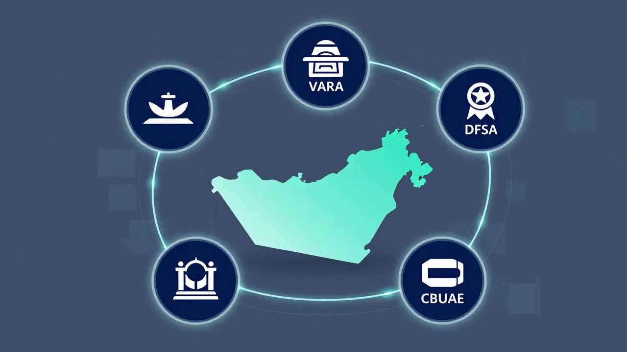 Vector icons representing UAE crypto regulatory bodies