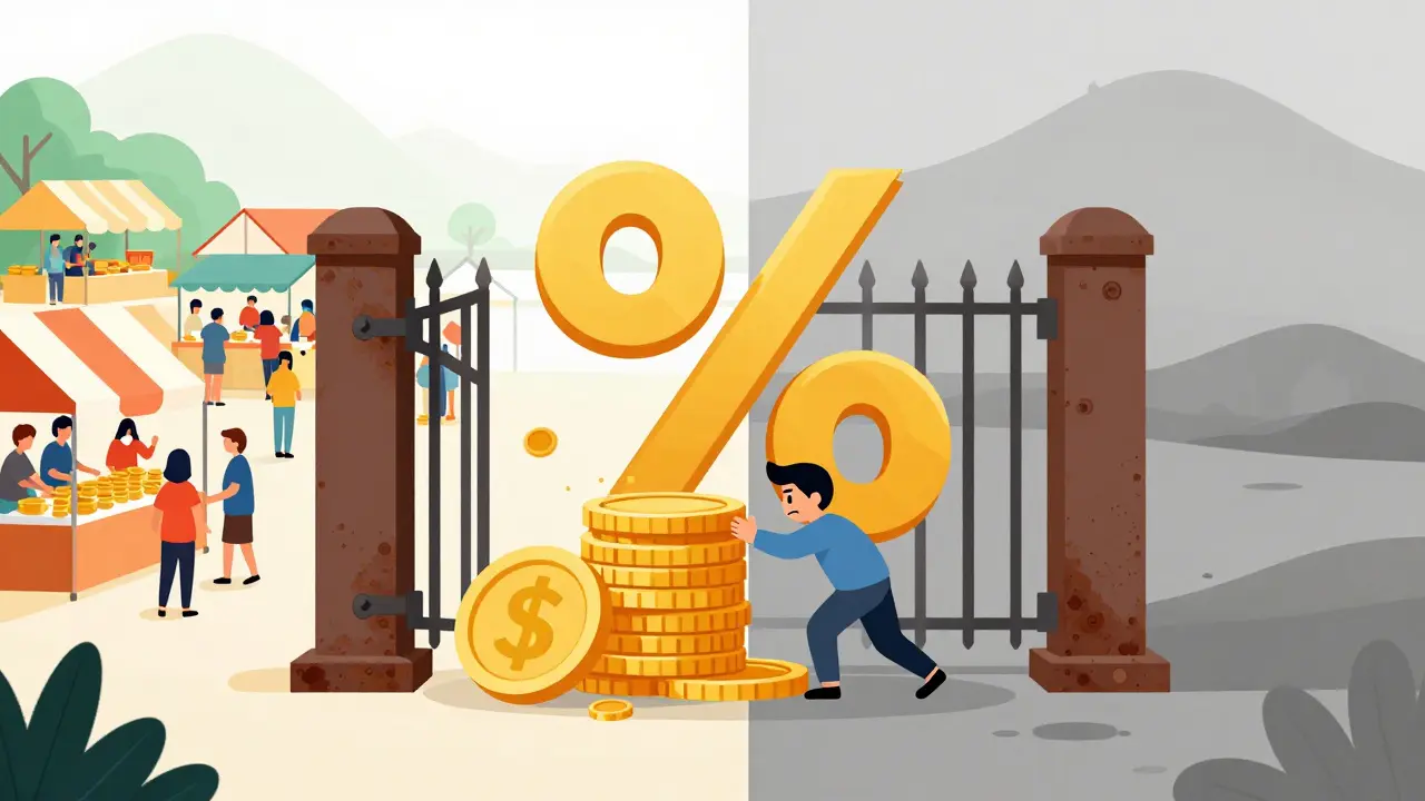 Vector illustration of high fees blocking access to a desolate crypto market