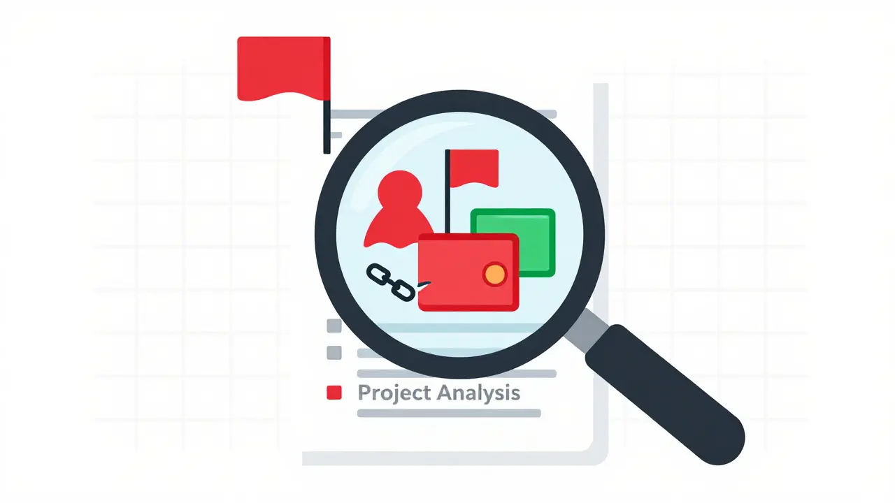 Vector illustration of magnifying glass inspecting crypto project red flags