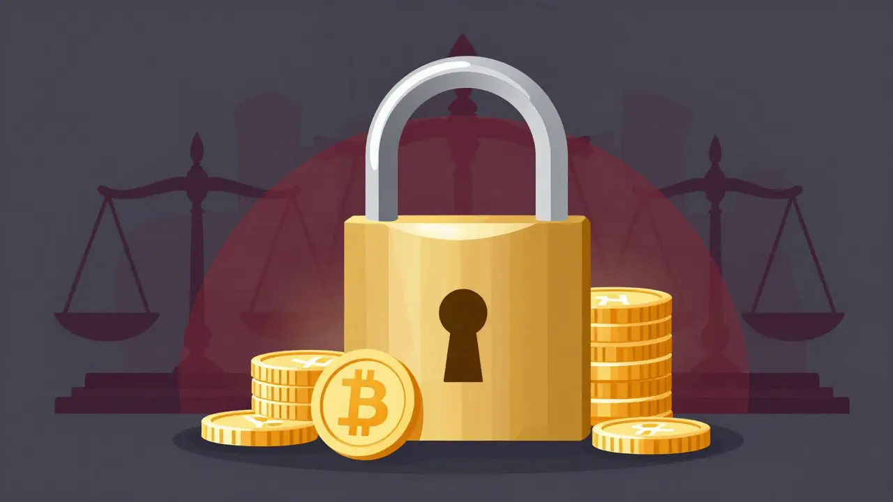 A large padlock securing glowing crypto coins with legal symbols in background