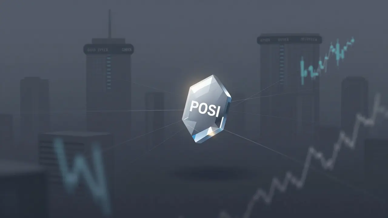 A small POSI token floating in a dark void with faint echoes of past market highs.