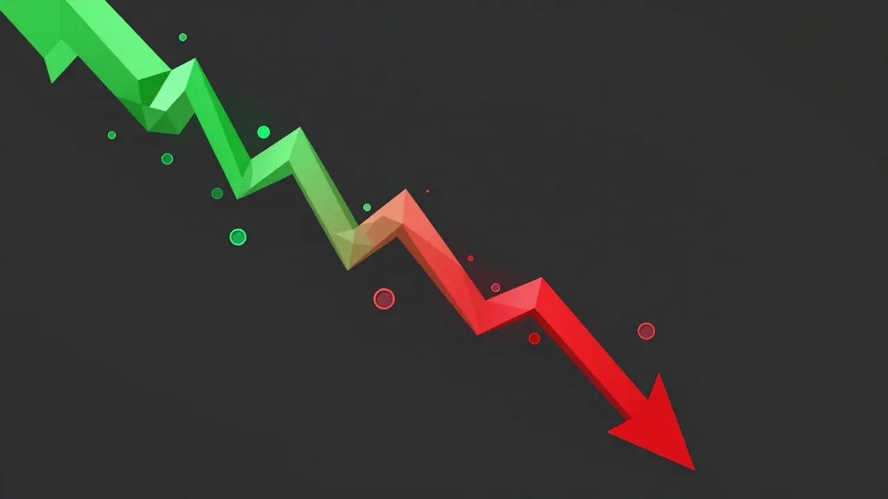 Abstract vector graphic showing fragmented geometric shards sloping downwards in green and red tones