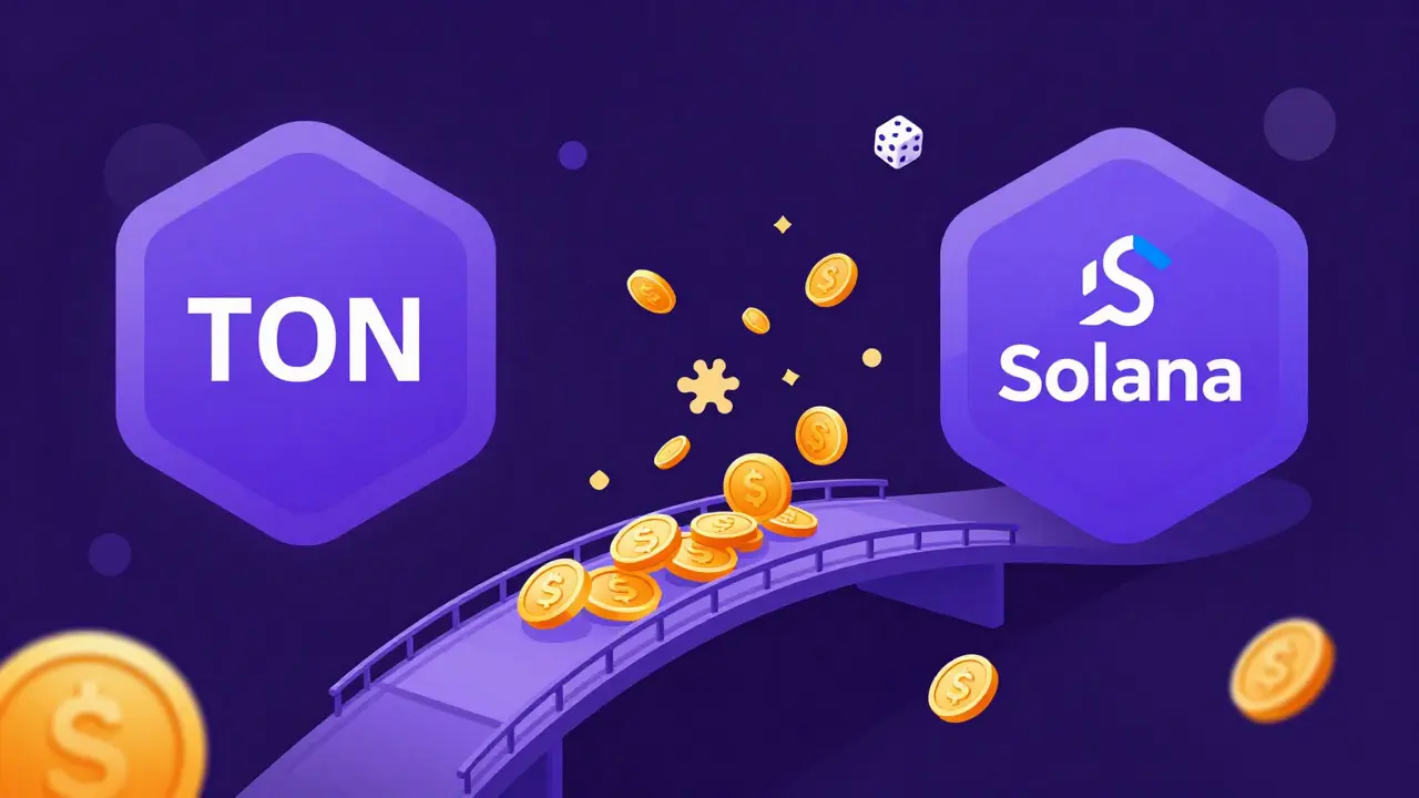 Abstract vector illustration of a bridge connecting two blockchain networks