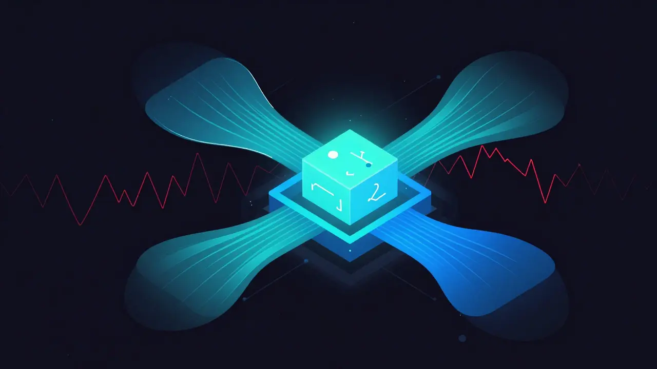 Abstract vector illustration of vAMM technology showing smooth data flow and low slippage.