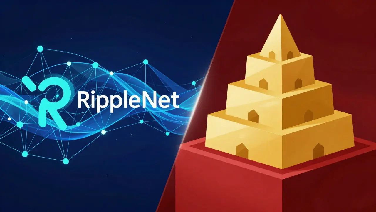 Conceptual vector art contrasting decentralized XRP with centralized e-CNY