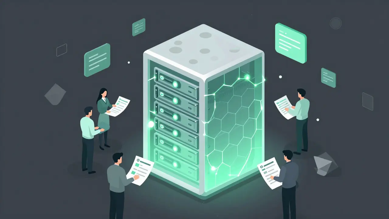 Digital vector art of a secured server room protected by a hexagonal cybersecurity shield