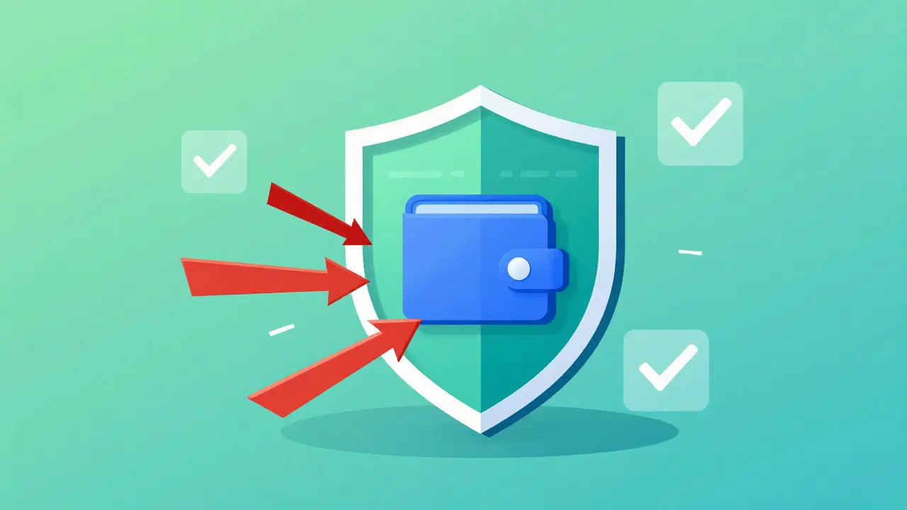 Digital vector art of a shield protecting a wallet from scam arrows