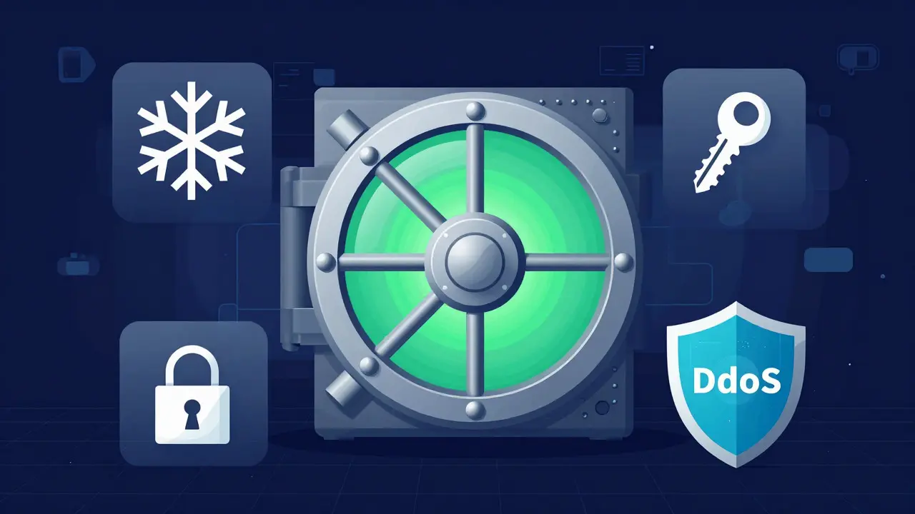 Digital vector illustration of a secure vault protecting cryptocurrency assets