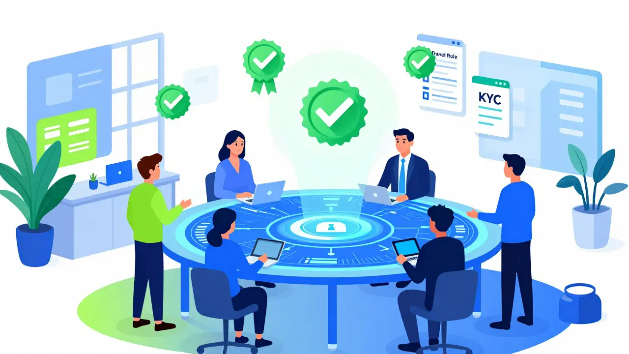 Fintech team reviewing holographic compliance data in modern office
