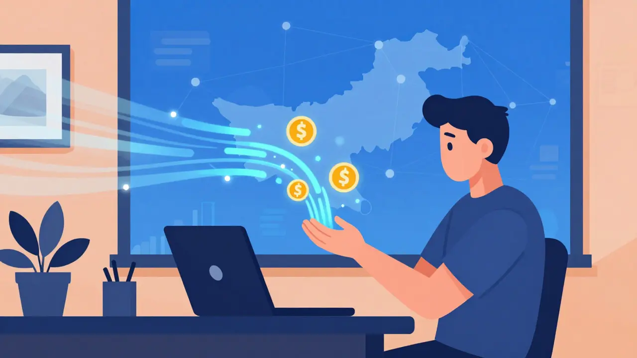 Freelancer receiving digital payments via smartphone in a modern home office setting.