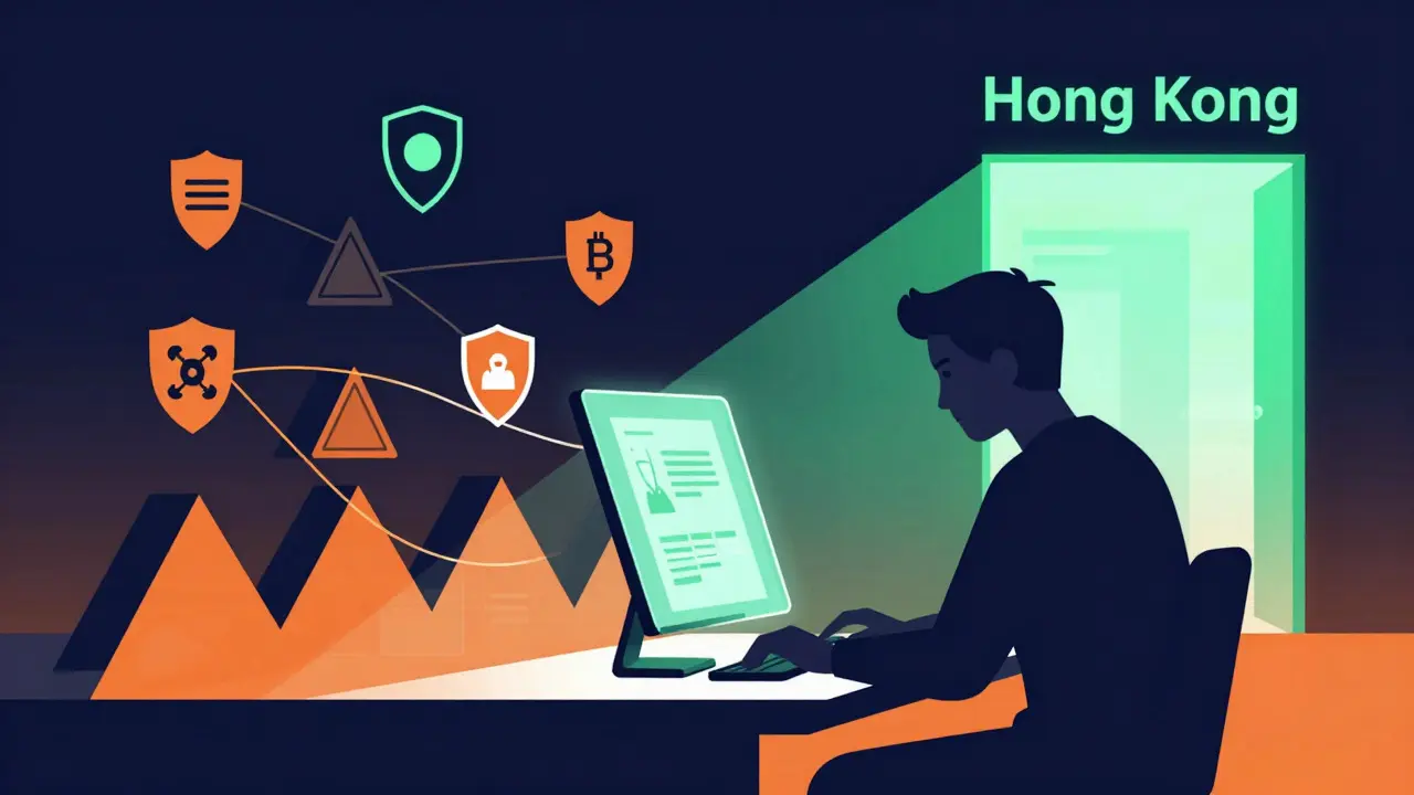 Frustrated user accessing offshore crypto via VPN with Hong Kong option