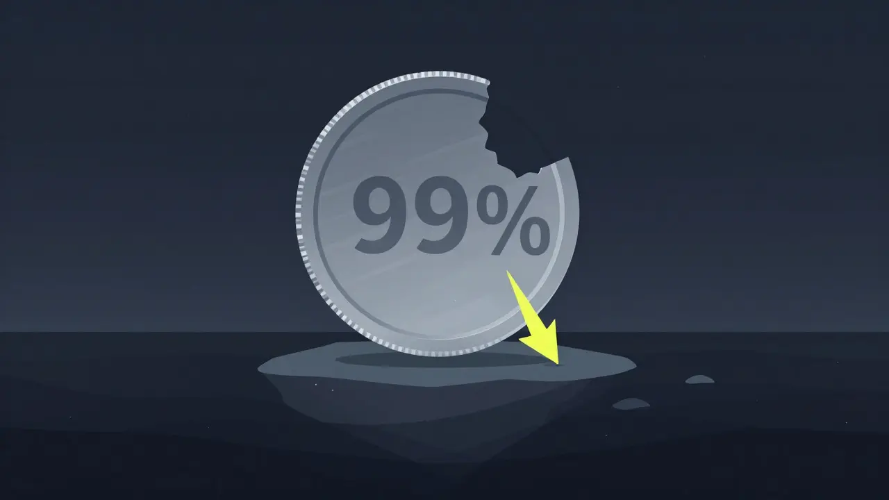 Geometric vector illustration of a fading coin over a small liquid island