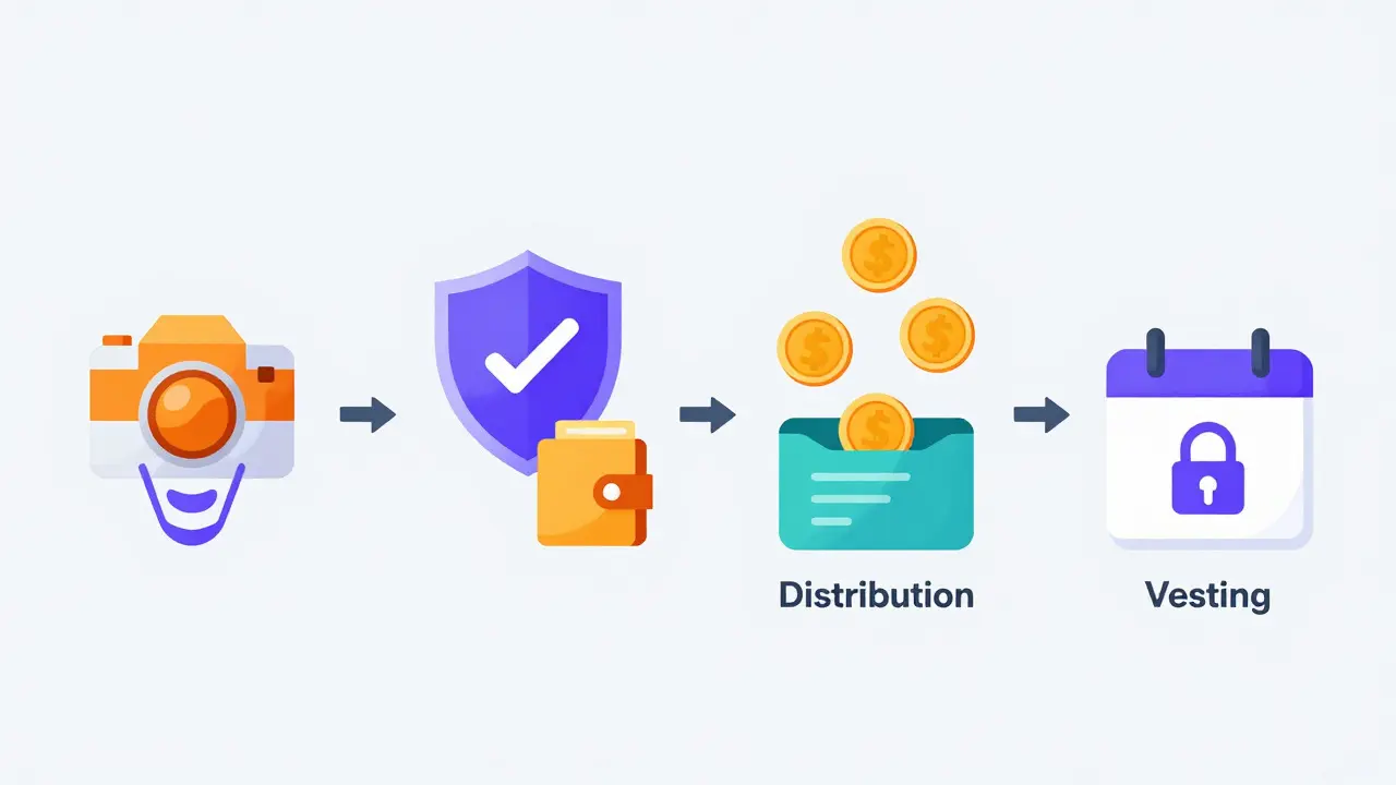 Illustration of four airdrop stages: snapshot, verification, distribution, and vesting
