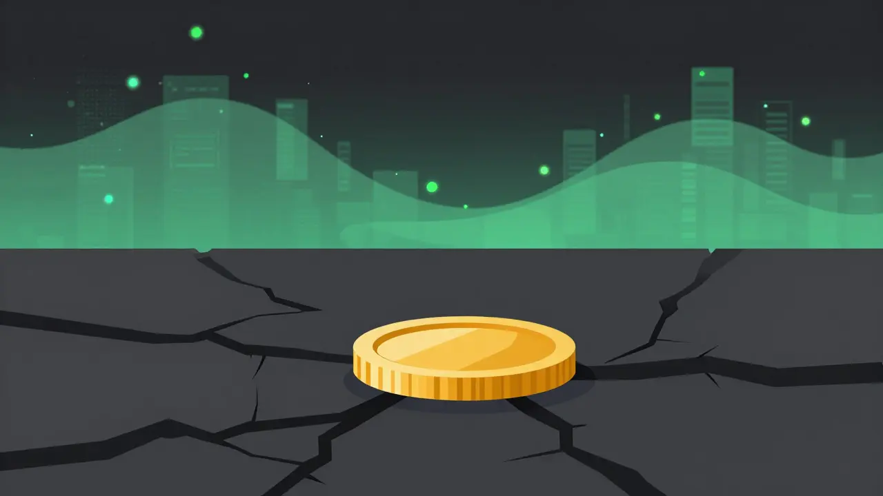 Isolated dull coin on a cracked platform surrounded by abstract data streams