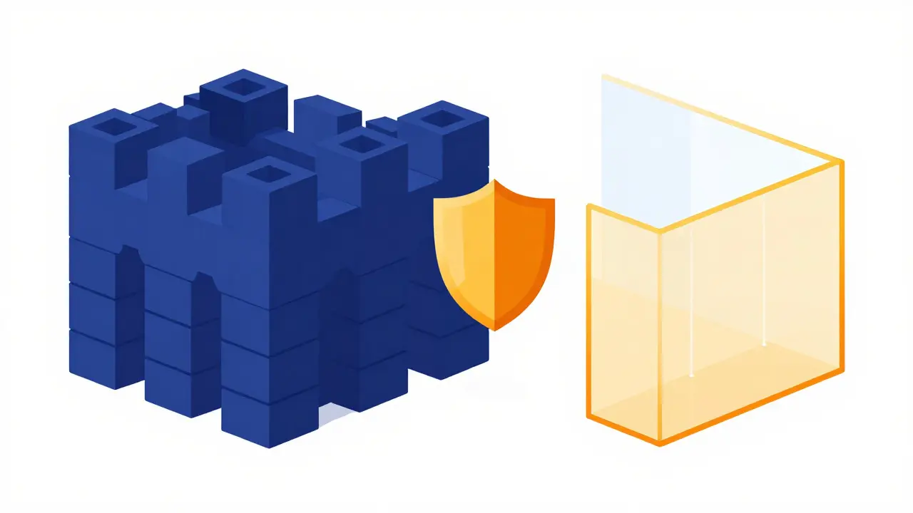 Minimalist vector comparison of a solid fortress and a thin wireframe barrier