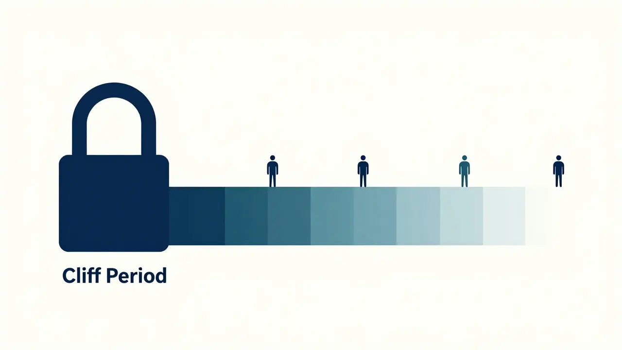 Minimalist vector timeline showing a cliff period followed by gradual token unlocks