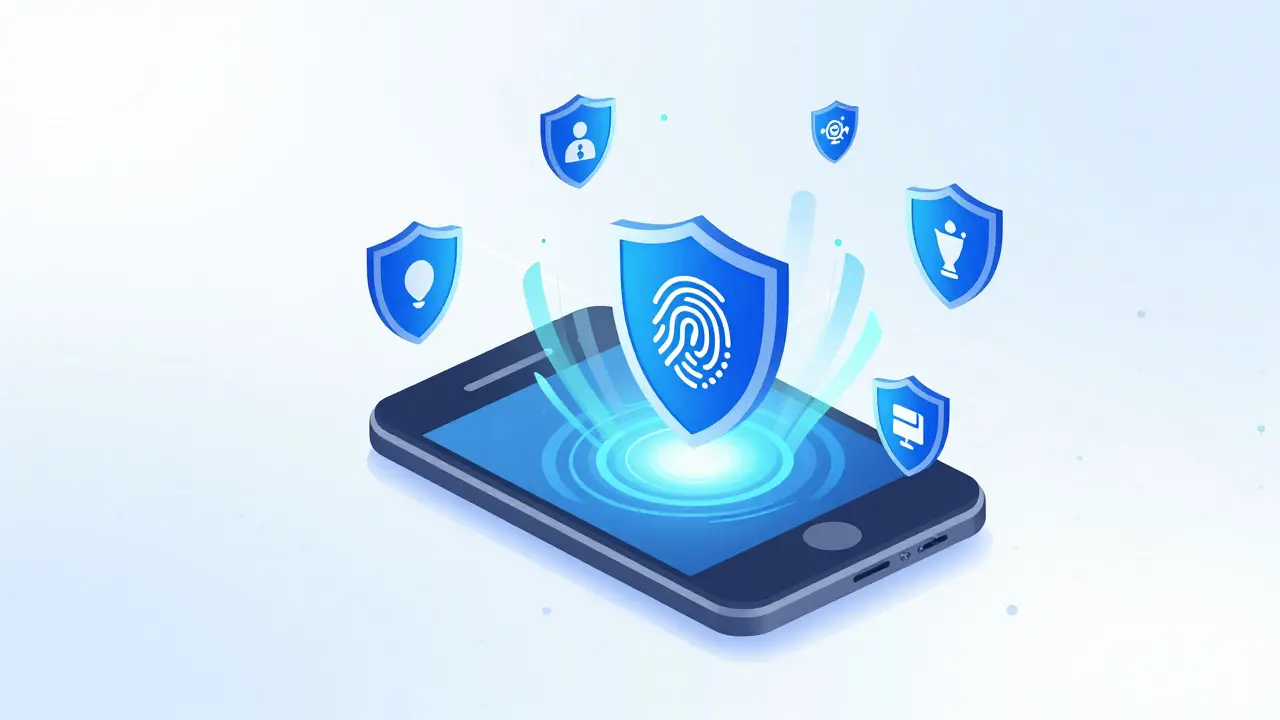 Modern vector art of digital security shields and data streams for KYC