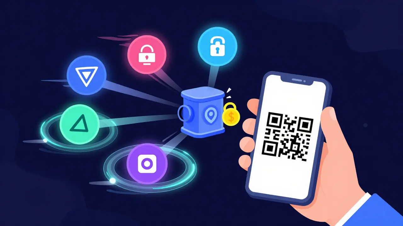 Modern vector art of multi-chain crypto payments flowing securely into a digital vault