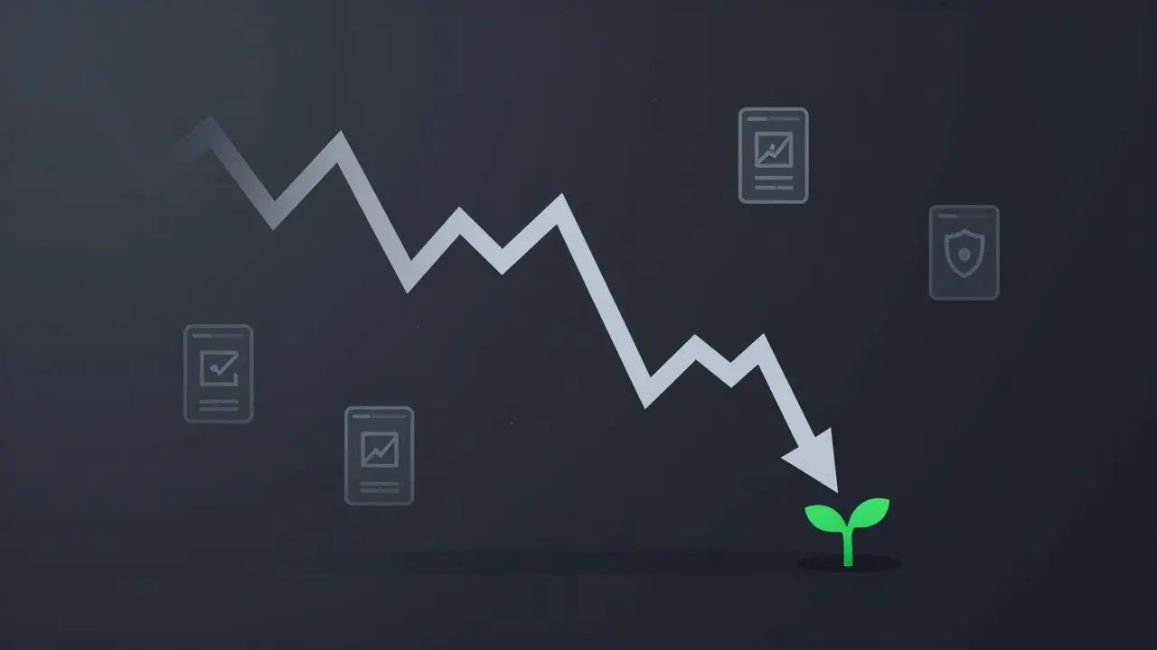 Modern vector graphic showing a downward trend line with a growing sprout