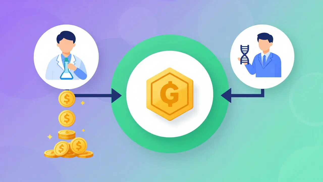 Modern vector graphic showing the flow of GENOME tokens between researchers and users in a DeSci ecosystem.