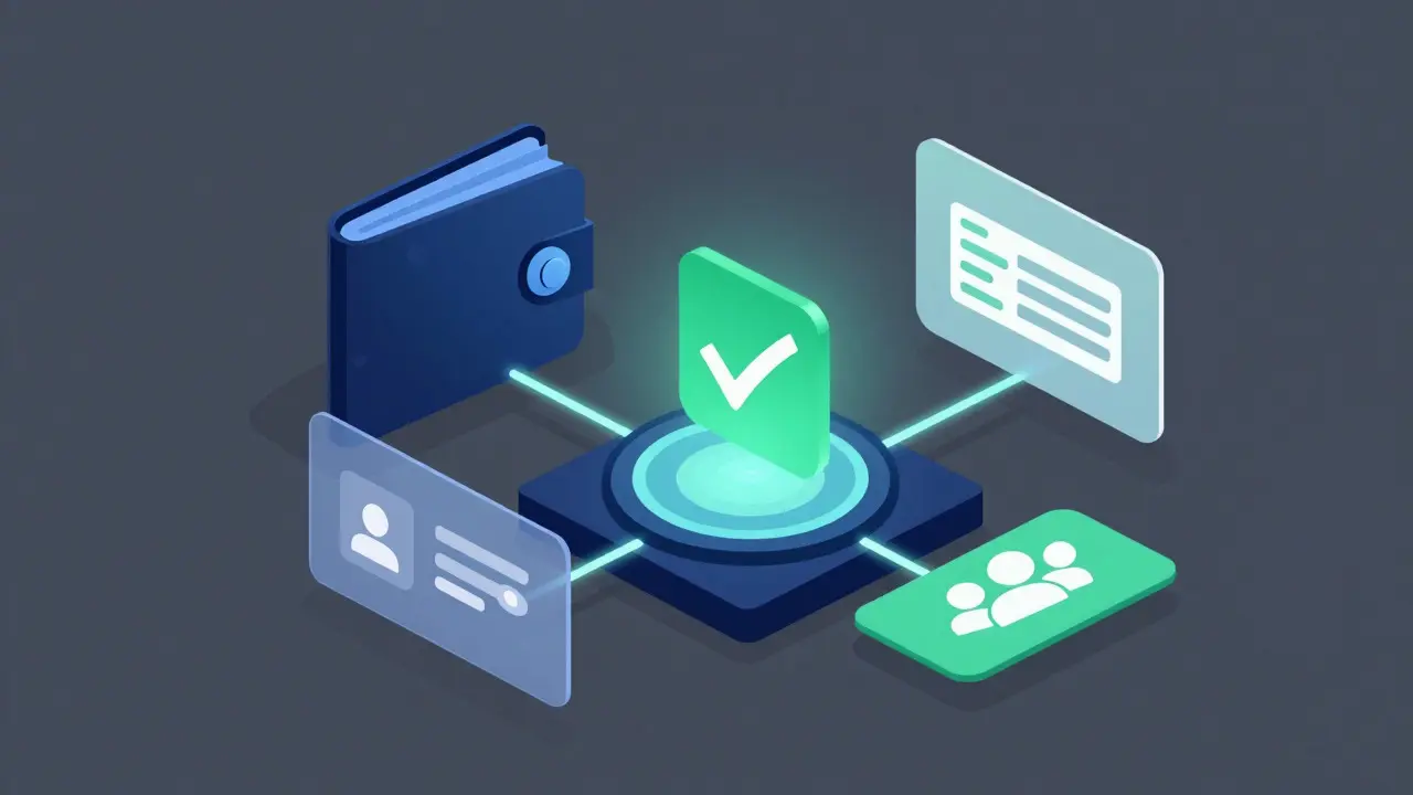 Modern vector illustration of a digital wallet connecting to a verification hub with task layers