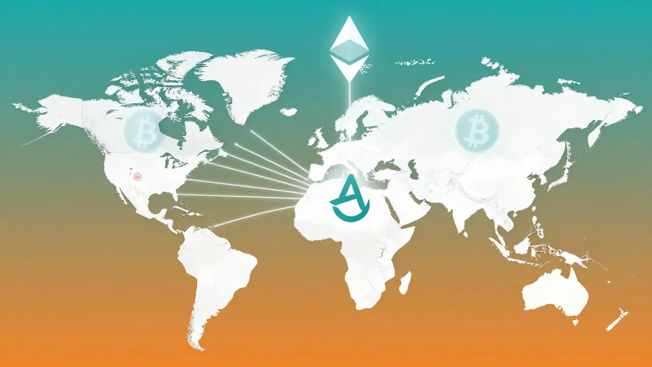 Modern vector map showing global crypto exchange access and US restrictions
