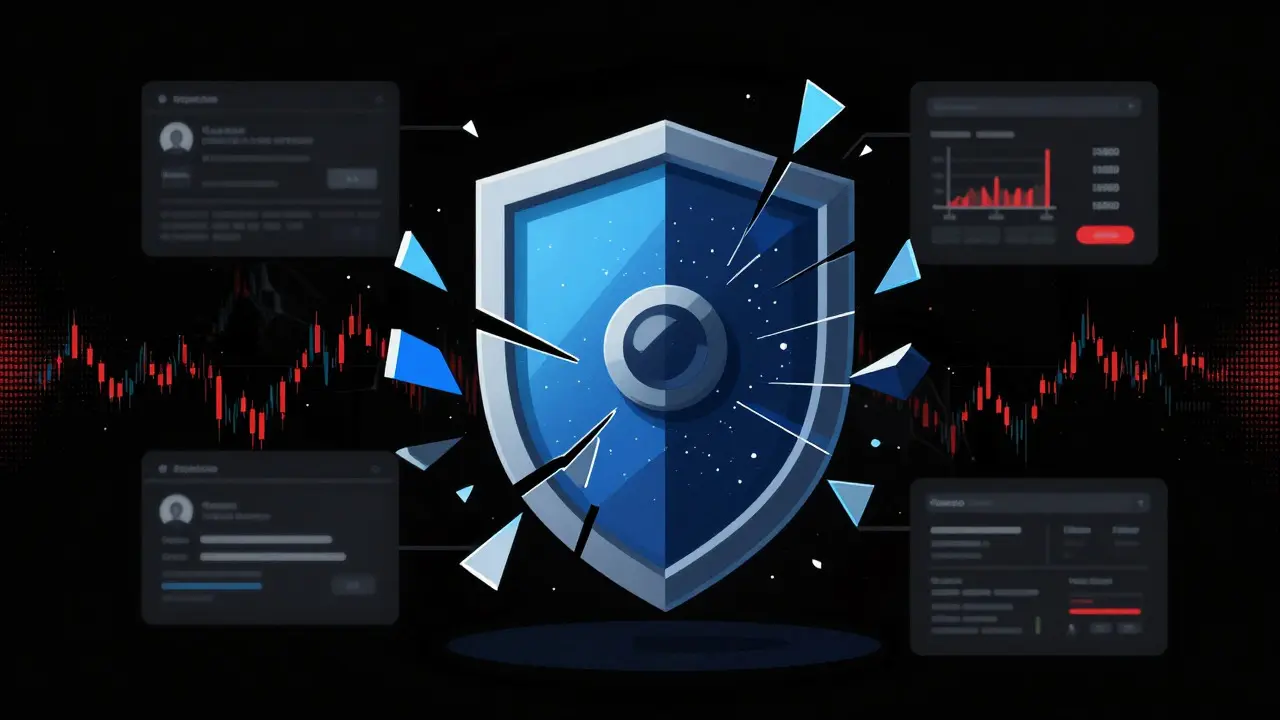 Shattered digital vault icon in vector style representing Kryptono's sudden closure.