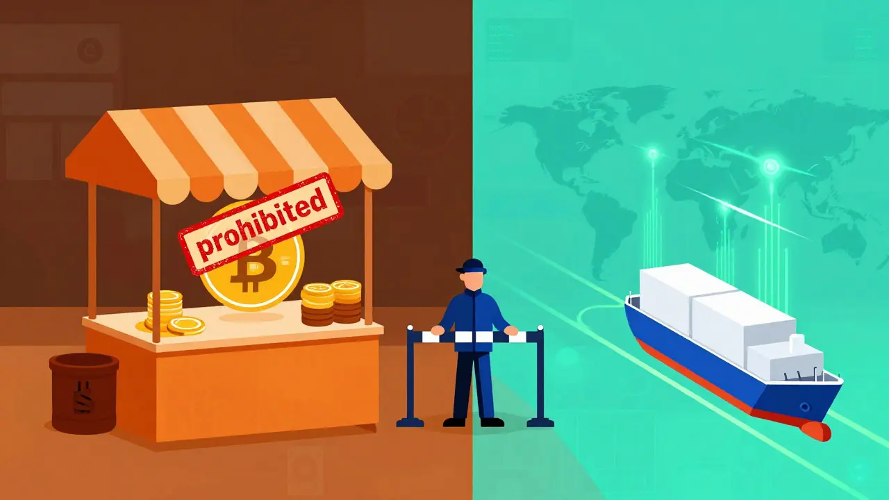 Split vector illustration showing banned domestic vs allowed international crypto use