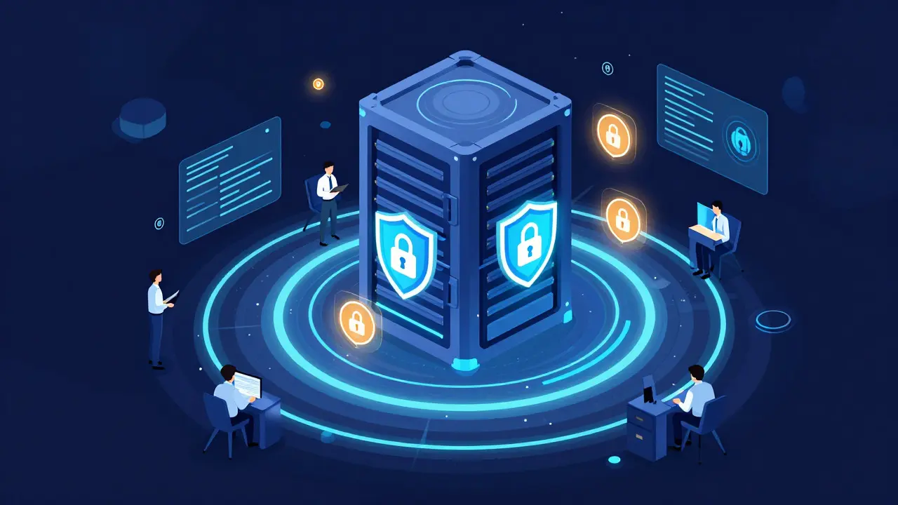 Stylized vector art of a secure server vault surrounded by protective shields