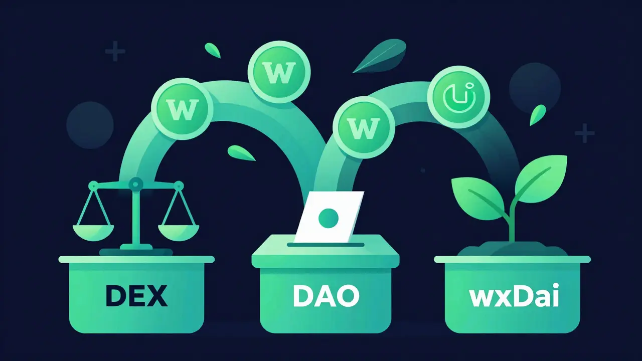 Stylized vector icons representing DEX, DAO, and yield farming uses